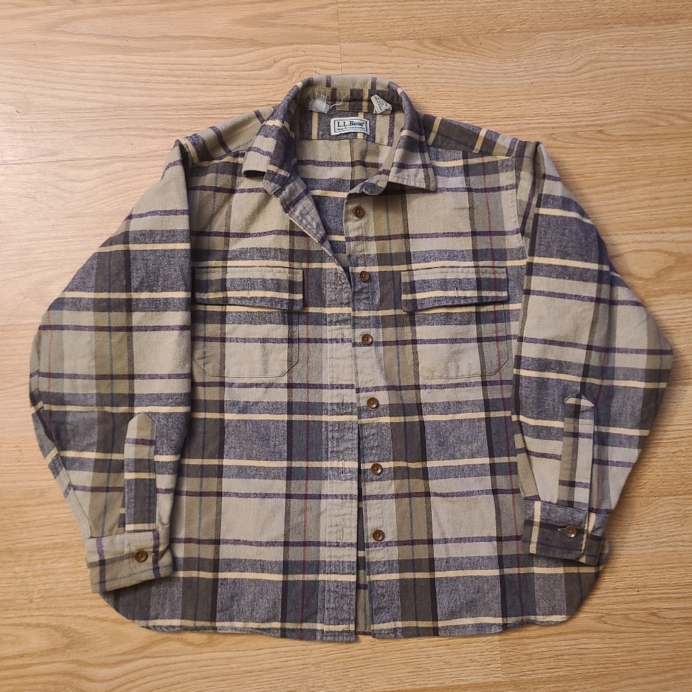 L.L. Bean Beige and Purple Plaid Heavyweight Chamois Flannel Button-Down Shirt